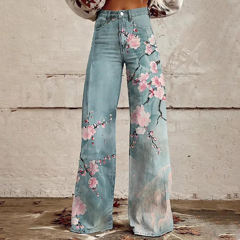 Joskaa 2000s fashion 2024 New 3D Thermal Transfer Flared Pants Simulation Denim Trousers Loose Pants