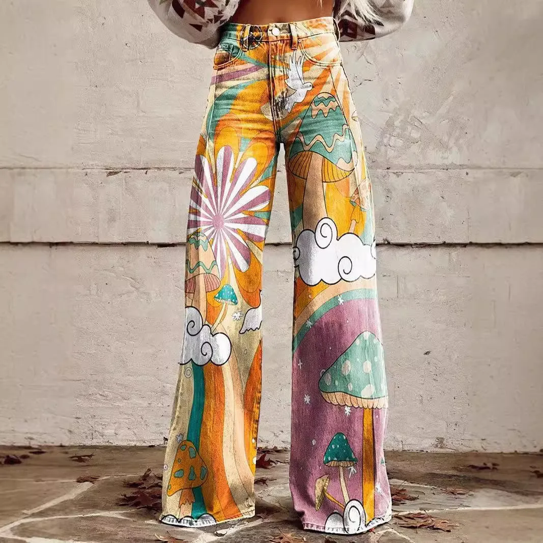 Joskaa 2000s fashion 2024 New 3D Thermal Transfer Flared Pants Simulation Denim Trousers Loose Pants