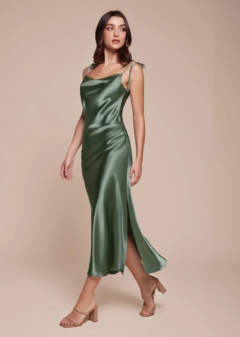 Rosie Satin Slip Cowl Neck Midi Dress Sand